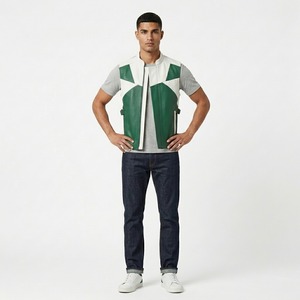 <b>Men's</b> Green <b>White</b> Genuine Leather Biker <b>Vest</b> Stand Collar Color Block Spliced Waistcoat - Product Image 3