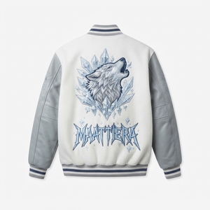 <b>Mens</b> <b>White</b> Ice Wolf Bomber <b>Jacket</b> Crystal Embroidery Gray Leather Sleeves Custom Winter Streetwear Fashion <b>Jacket</b> - Product Image 3