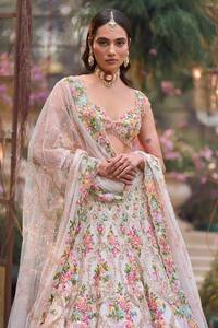Floral Embroidered Chiffon Lehenga Choli Evening Dress Empire Waist Maxi Sweep Train Heavy Fabric V Neck <b>Bride</b> Party Wear - Product Image 4