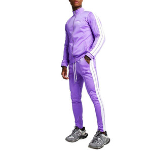 Ensemble de survêtement violet pour homme, manches longues, coupe classique, style sportif avec bandes blanches, en polyester respirant, idéal pour le printemps - Product Image 4
