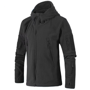 Chaqueta polar con capucha y múltiples bolsillos personalizada para hombre, gris, verde oliva, negro, con parche táctico en el brazo, cierre completo, abrigo cálido para exteriores - Product Image 5