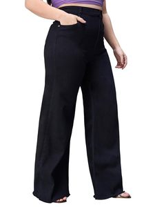 Jeans pour femmes 100% coton, pantalon en denim à jambes larges, longueur entière, coupe régulière, noir uni, style décontracté, sexy, vintage - Product Image 6