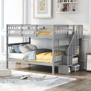 Letto a castello matrimoniale con contenitore e sponda di protezione grigia per camera da letto o dormitorio, ideale per l'uso con scale - Product Image 1