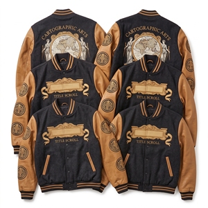 เสื้อแจ็คเก็ต Letterman สีเทาสเลท ผ้าขนสัตว์ ปักลาย Stone Circle Guild Megalith แขนหนังสีครีม สไตล์บอมเบอร์ ขายส่ง - Product Image 5