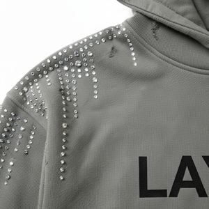 Sweat-shirt streetwear pour femme, poids lourd, délavé à l'acide, en molleton de coton 500 g/m², avec strass, effet 3D en relief, effet vieilli, pull, vente en gros, personnalisable - Product Image 3