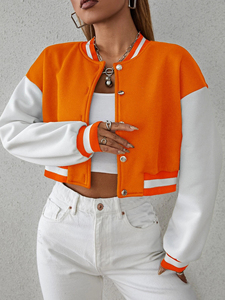 Orange <b>White</b> Contrast Baseball Jacket Full Sleeve Short Length <b>Button</b> Closure Women's Crop Top Jacket - Product Image 5