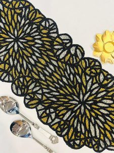 Embroidered Geometric Table Runner Bohemian Home Decor Yellow Gray Black Washable Pattern - Product Image 6