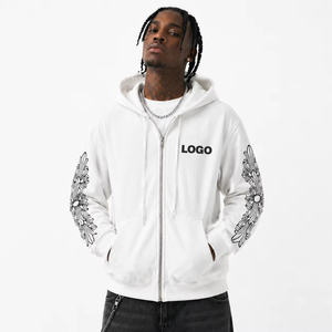 <b>White</b> Mens 100% Cotton <b>Zip</b> <b>up</b> Hoodie Relaxed Fit Drawstring Hood Front Pocket Graphic Sleeve Design custom label - Product Image 2