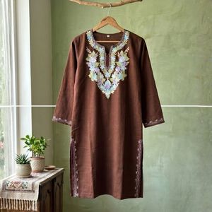 Chocolate Brown Kashmiri Pheran <b>Kurti</b> with Pastel Floral Embroidery - Product Image 4
