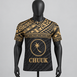 Camiseta Personalizada de Talla Grande para Hombre con Estampado de la Bandera de Chuuk, Cuello Redondo, Manga Corta, Tejida, Transpirable, de Secado Rápido, Poliéster y Elastano, Informal - Product Image 1
