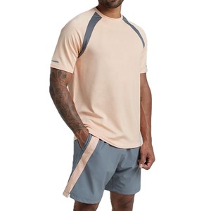 Conjunto de pantalones cortos de verano de dos piezas en color melocotón y gris para hombre, ropa deportiva, camiseta de manga corta y pantalones cortos para uso diario, de alta calidad - Product Image 3