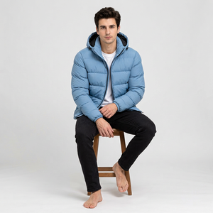 <b>Men</b> Hooded Puffer Jacket Winter Warm Breathable Polyester Filling Zipper Closure Casual Solid Color Loose Fit Front Logo Blue - Product Image 6