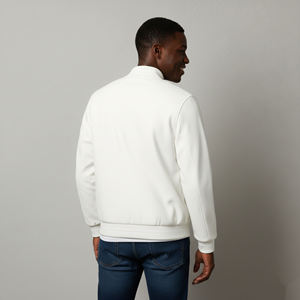 Customized <b>Men's</b> White <b>Bomber</b> <b>Jacket</b> Stand Collar Zipper Closure Casual Autumn Wear Regular Fit Fleece Lined Polyester Material - Product Image 2