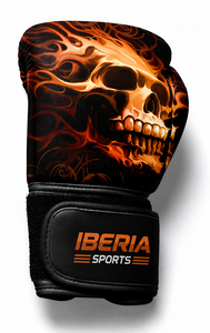 Gants de boxe IBERIA Premium noirs avec imprimé flamme orange et crâne, gants d'entraînement en cuir PU, logo personnalisé, vente en gros OEM - Product Image 2