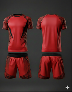 ชุดเสื้อและกางเกงกีฬาสีแดงสำหรับผู้ชายฤดูร้อน ผลิตจากผ้าโพลีเอสเตอร์ 100% แห้งเร็ว พิมพ์ลายดิจิทัล ถักแบบสั่งทำพิเศษ เหมาะสำหรับศิลปะการต่อสู้ - Product Image 1