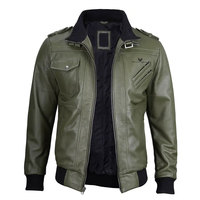 Blouson aviateur en cuir vert pour homme, style slim fit, fermeture éclair
