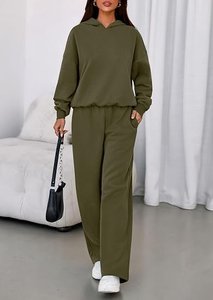 Conjunto de Sudadera con Capucha de 2 Piezas para Mujer, Color Sólido, Corte Holgado, Casual, Pantalones de Manga Larga, 100% Algodón Transpirable - Product Image 5