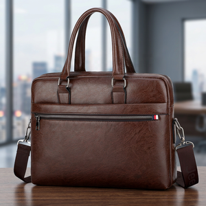 Porte-documents classique en cuir pour homme, fermeture éclair, sac souple et résistant pour affaires, marron - Product Image 3