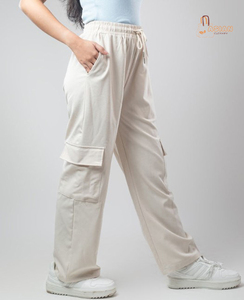 Pantalones Cargo Beige para Mujer, Corte Regular, Estilo Relajado, Modernos, Casuales, Utilitarios, para Exteriores, Otoño, Diseño de Frente Plano, Cintura Alta, 100% - Product Image 1