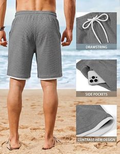 Shorts cargo noirs pour hommes, taille élastique, couleur unie, décontractés, longueur Bermuda, avec poches, tissu en coton respirant - Product Image 3
