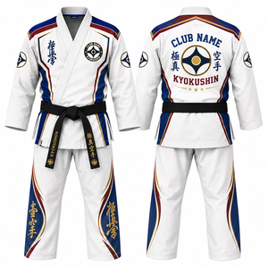Kimono de karaté Kyokushin blanc et bleu, sublimé, à manches courtes, col en V, en polyester anti-humidité, uniforme unisexe adulte MEGAMAPLE 420g - Product Image 1