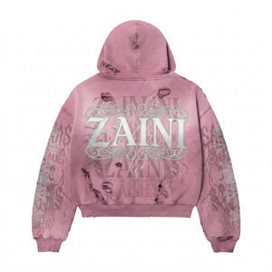Sweat à capuche zippé pour femme, 320 GSM, 80% coton, 20% polyester, polaire rose, impression personnalisée, logo en strass, qualité supérieure - Product Image 2