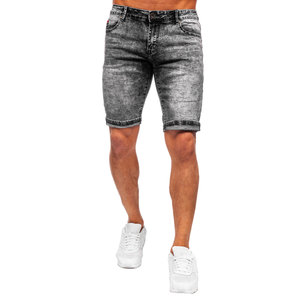 Shorts en jean gris pour hommes, coupe droite, style streetwear, avec étiquette en cuir personnalisée, en denim épais - Product Image 3