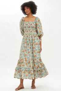 Nouveau design de robe indienne imprimée en blocs robe à imprimé floral col carré à manches courtes robe longue en coton pour l'été - Product Image 6