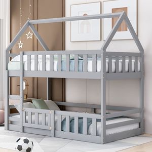 Letto a castello grigio a due piazze con recinzione e porta per bambini - Product Image 1