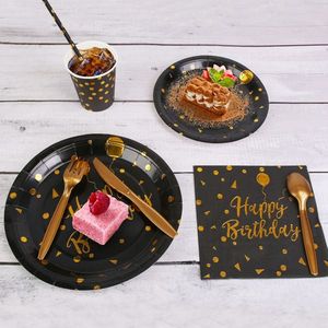 Ensemble de vaisselle jetable noir et or 201 pièces pour 25 invités, assiettes, gobelets et pailles en papier 9 oz pour fêtes d'anniversaire et célébrations - Product Image 3