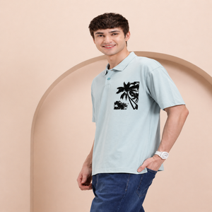 Blue Black Men's for T-<b>Shirt</b> ODM Woven 100% Cotton Fabric for Collar Drop Shoulder <b>Half</b> Sleeves <b>Button</b> Closure - Product Image 2
