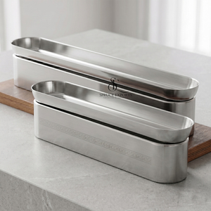 Modern <b>Metal</b> Serving Canisters Bowl Features Sleek Silver Long Oval Pans With Etched Detailing, Ideal For Hotel Buffet Display - Product Image 1