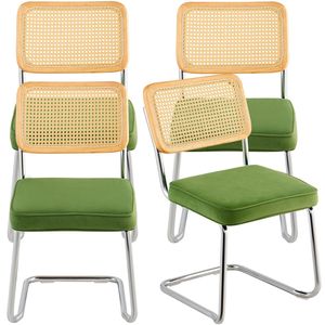 Set di 4 Sedie da Pranzo in Rattan Stile Mid-Century Moderno, Sedie Imbottite in Velluto con Schienale in Rattan Retrò - Product Image 1
