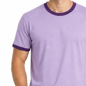T-shirt violet à col rond pour homme, coupe classique, en jersey de coton, couleur unie, avec bordure contrastante - Product Image 5