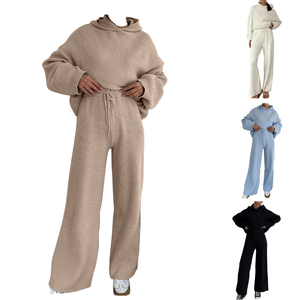 Ensemble décontracté deux pièces pour femme en tricot côtelé à capuche, coupe régulière, survêtement long, couleur unie, Spandex/Polyester, avec poches, toutes saisons - Product Image 1
