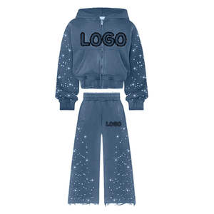 Ensemble de survêtement personnalisé à manches longues avec fermeture éclair et strass, tenue en coton extensible doux, streetwear, sweat à capuche et pantalon de jogging pour homme, survêtement d'hiver - Product Image 1