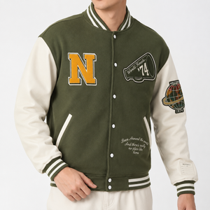 Chaqueta Varsity Unisex SINEWY SPORTS Color Oliva, Diseño con Parche de Letra N Bordada, Cuello Camisero, Corte Regular, Estilo Preppy, Invierno - Product Image 2