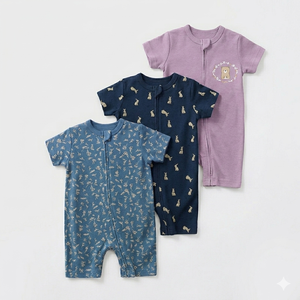 Combinaison d'été décontractée unisexe pour enfants Linxi, 100% coton, nouveau-né, manches courtes, double fermeture éclair, imprimé animal, boîte cadeau - Product Image 3