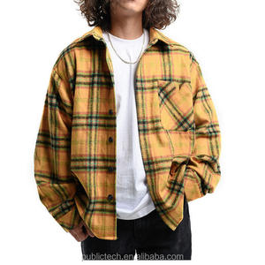 Custom Yellow Plaid Mens <b>Flannel</b> <b>Jacket</b> Oversized Cotton Winter Shirt <b>Jacket</b> with Big Patch Pockets Sherpa Hooded Casual - Product Image 6