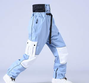 Unisex <b>Light</b> Blue Cargo Snowboard Pants Waterproof 100% Polyester Drawstring Waist Color Blocked Adult Size - Product Image 1