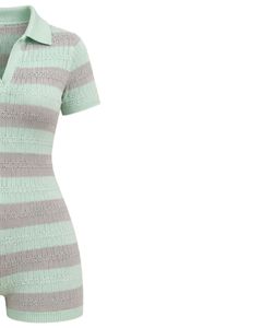 Mono de punto a rayas verde menta y gris para mujer, manga corta, cuello polo, algodón, informal de verano, de una pieza, ajustado, personalizado - Product Image 3
