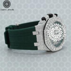 Charm_Jewells Luxury Men's Stainless Steel Watch 43mm Diamond Bezel Analog Quartz <b>Chronograph</b> Green Silicone Band - Product Image 3
