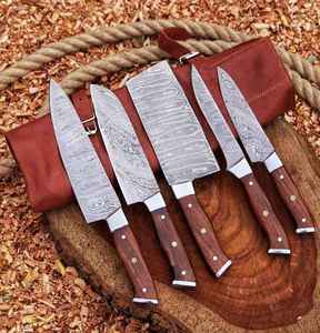 Juego de Cuchillos de Cocina de Acero de Damasco Hechos a Mano, con Mango de Madera, Colección de Cuchillos de Chef, 5 Piezas, Utensilios Culinarios - Product Image 6