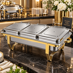Plat de service rectangulaire de luxe en acier inoxydable à trois compartiments avec finition dorée, chauffe-plat durable et écologique pour buffet - Product Image 2