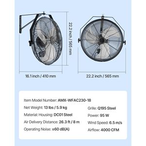 Ventilatore Industriale da Parete ad Alta Velocità da 18 Pollici, 4000 CFM, con 3 Velocità, Potente Motore in Alluminio per Uso in Garage - Product Image 4