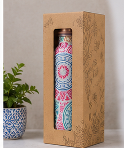 Botella de agua de cobre impresa de primera calidad diseñada con un elegante patrón de hojas botánicas en negro y detalles de cobre de lujo. - Product Image 2