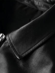 Blouson moto en cuir véritable noir pour homme, col rabattu, fermeture éclair, manches classiques, couleur unie, style motard, vêtement d'automne - Product Image 5