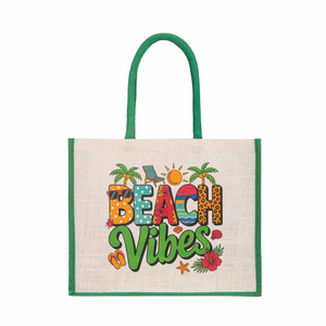 Beach Vibes Jute Tote <b>Bag</b> <b>Medium</b> <b>Size</b> Green Handles Geometric Pattern Zipper Closure Outdoor Use Shopping <b>Bag</b> - Product Image 3