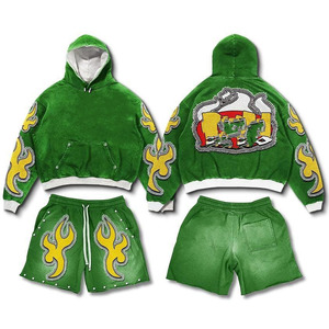 Premium 420 GSM cotton fleece acid wash grey flame panel hoodie and <b>short</b> set chenille <b>patch</b> embroidery custom logo Hoodie <b>Short</b> - Product Image 6