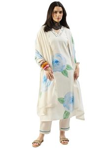 Women's <b>Linen</b> Printed Floral Straight Kurta & Pant With Dupatta Set - Product Image 1